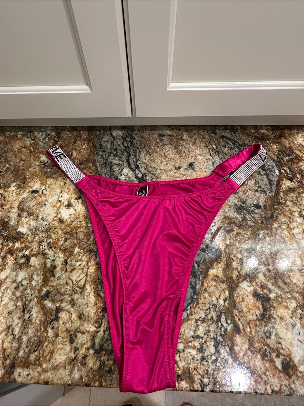 Victoria's Secret Hot Pink Satin Thong with Logo Elastic Straps
